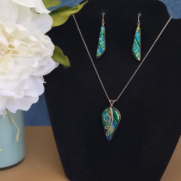 925 Sterling Silver 10 Gold Filled Dichroic Glass Pendant Necklace Earrings Set - Picture 1 of 16
